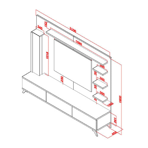 מערכת קיר לסלון כוללת מזנון, יחידות אחסון ומדפים דגם קלואי