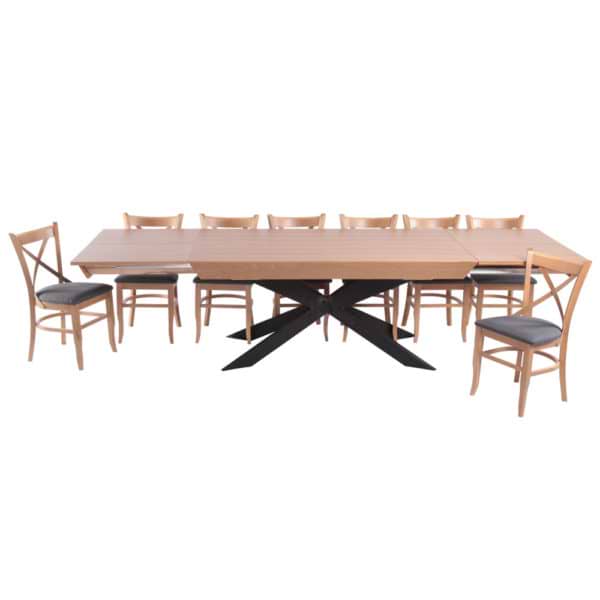 פינת אוכל מפוארת מעץ נפתחת 1.8-3.4 מ' עם שולחן רגל מתכת ו- 6 כסאות דגם ארבל