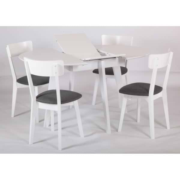 פינת אוכל עגולה נפתחת מעץ מלא משולב כוללת שולחן ו-4 כסאות מרופדים דגם ואנס לבן