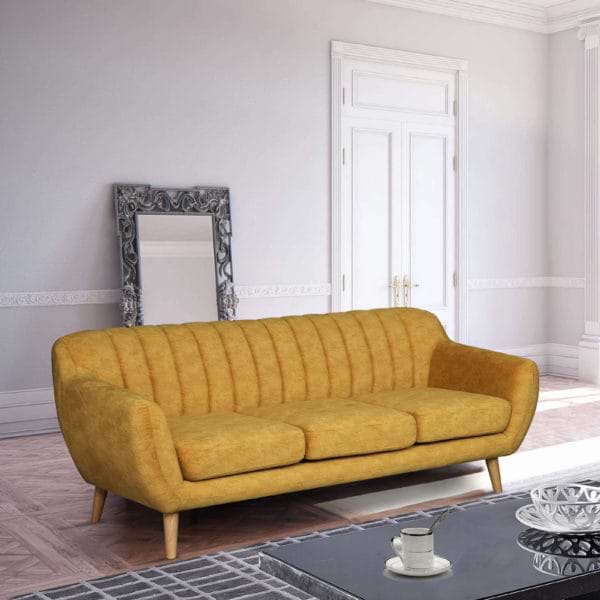 ספה תלת מושבית מעוצבת עם קפיצים מבודדים ובד רחיץ דגם פורטו - חרדל