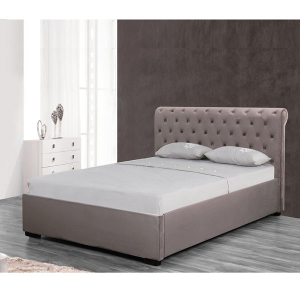 מיטה רחבה מעוצבת 120x190 בריפוד בד קטיפתי עם ארגז מצעים מעץ דגם נטלי