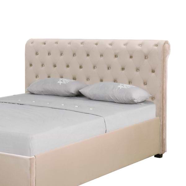 מיטה זוגית מעוצבת 140x190 בריפוד בד קטיפתי עם ארגז מצעים מעץ דגם נטלי