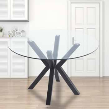 שולחן אוכל זכוכית עגול 120 ס”מ עם רגלי מתכת דגם בולוניה