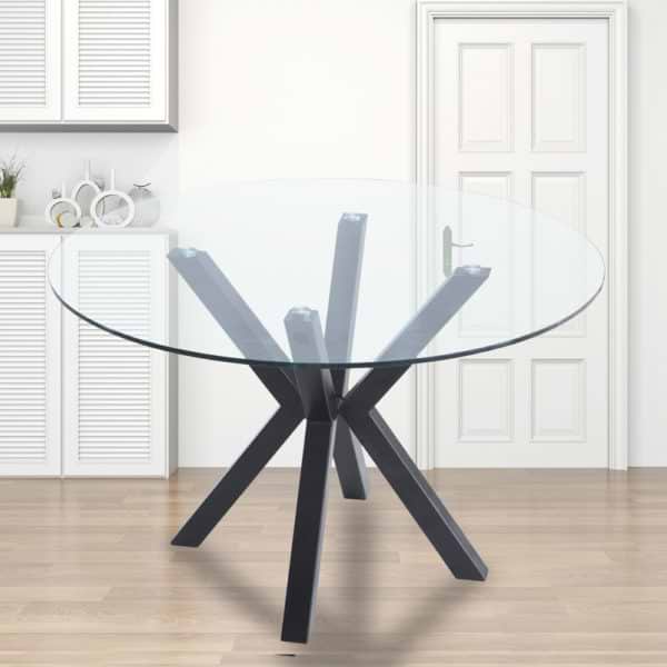 שולחן אוכל זכוכית עגול 120 ס"מ עם רגלי מתכת דגם בולוניה