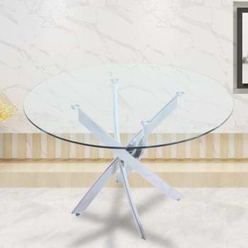 שולחן אוכל זכוכית עגול 120 ס”מ עם רגלי כרום דגם ונציה
