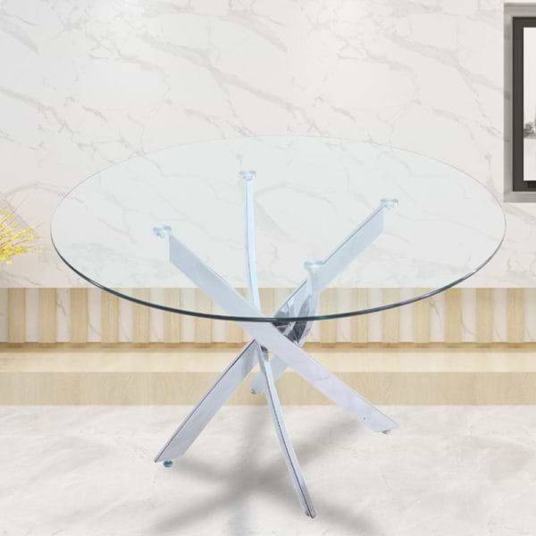 שולחן אוכל זכוכית עגול 120 ס"מ עם רגלי כרום דגם ונציה