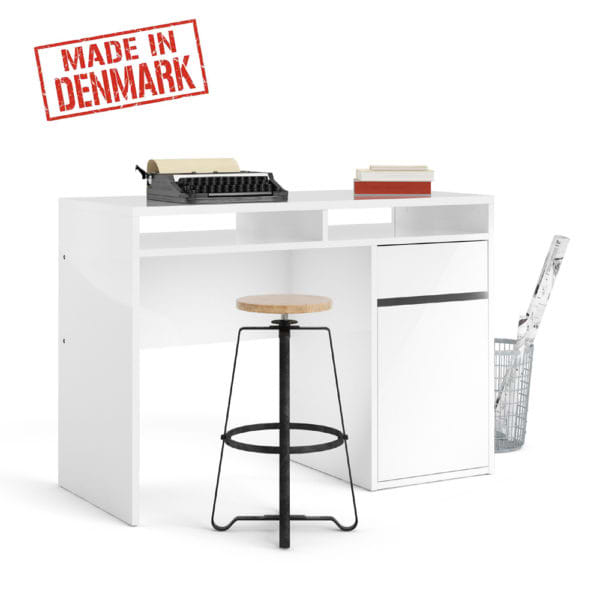 שולחן כתיבה לבן מבריק עם מגירה ותאי אחסון תוצרת דנמרק דגם מירב לבן