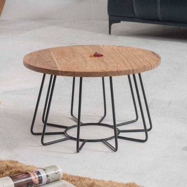 שולחן סלון עגול מעץ מלא משולב ברזל דגם הוואי