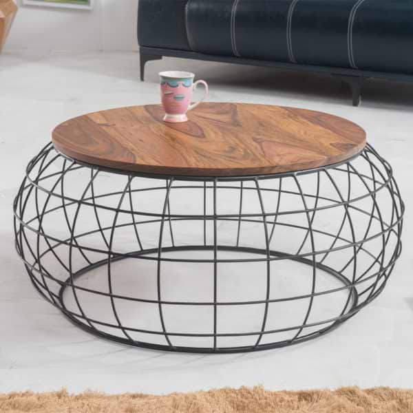 שולחן סלון עגול מעץ מלא משולב ברזל דגם שרלוט
