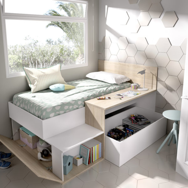 מיטת ילדים משולבת שולחן כתיבה ואחסון תוצרת ספרד דגם מרטיני לבן-אלון
