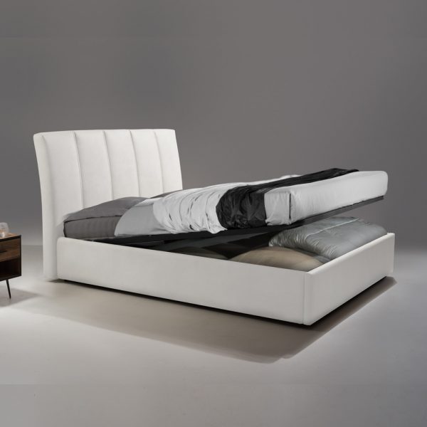 מיטה רחבה 120x190 בריפוד דמוי עור לבן עם ארגז מצעים דגם שירז 120