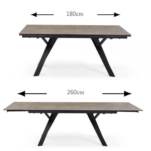שולחן אוכל קרמיקה מפואר באורך 1.8 מ' נפתח ל- 2.6 מ' עם רגלי מתכת דגם אספניה