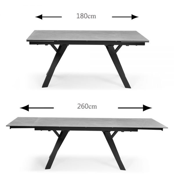 שולחן אוכל קרמיקה מפואר באורך 1.8 מ' נפתח ל- 2.6 מ' עם רגלי מתכת דגם קדיז