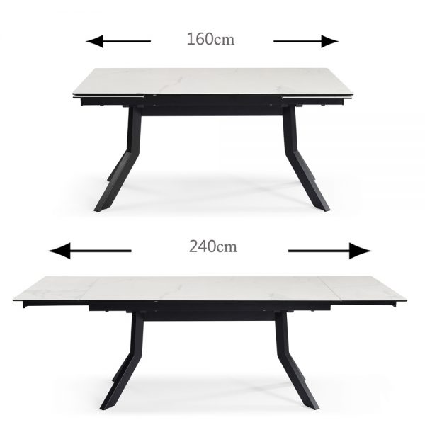 שולחן אוכל קרמיקה מפואר באורך 1.6 מ' נפתח ל- 2.4 מ' עם רגלי מתכת דגם אובדה