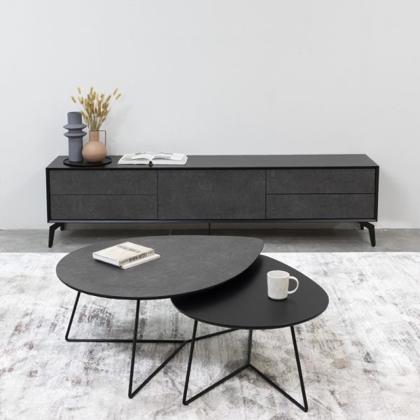 סט מזנון ושולחן מעוצבים בגימור שחור-בטון דגם פיקסו