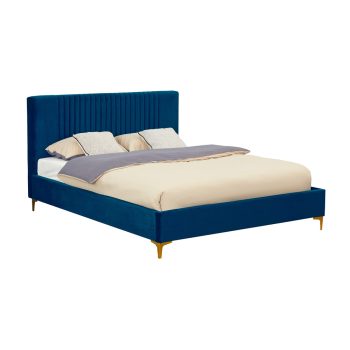 מיטה זוגית 180×200 מרופדת בד קטיפתי כחול עם רגלי ברזל דגם ליידי