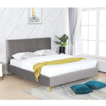 מיטה זוגית 180×200 מרופדת בד קטיפתי אפור עם רגלי ברזל דגם ליידי