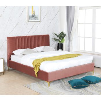 מיטה זוגית 140×190 מרופדת בד קטיפתי ורוד עם רגלי ברזל דגם ליידי