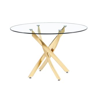 שולחן אוכל זכוכית עגול 120 ס”מ עם רגליים מוזהבות דגם נאפולי