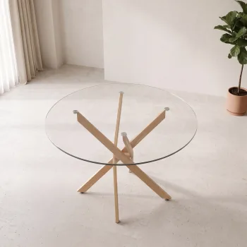 שולחן אוכל זכוכית עגול 120 ס"מ עם רגלי מתכת בגימור אלון דגם טוטאל