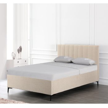 מיטה רחבה לנוער 120×190 מרופדת בד רחיץ עם ארגז מצעים מעץ דגם מונה – קרם