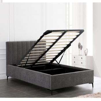 מיטה זוגית מעוצבת 160×200 בריפוד בד רחיץ עם ארגז מצעים מעץ דגם ברנדי-אפור