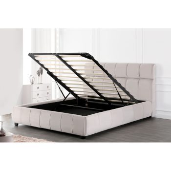 מיטה זוגית מעוצבת 140×190 בריפוד בד רחיץ עם ארגז מצעים מעץ דגם קווין