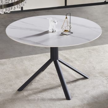 שולחן אוכל קרמיקה עגול 120 ס”מ עם רגלי ברזל דגם וויטני-לבן