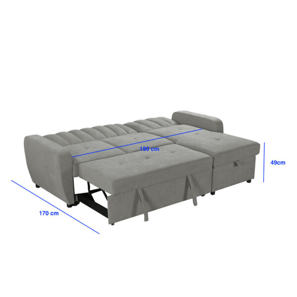 מערכת ישיבה פינתית מבד נפתחת למיטה זוגית עם ארגז מצעים דגם יונית-אפור