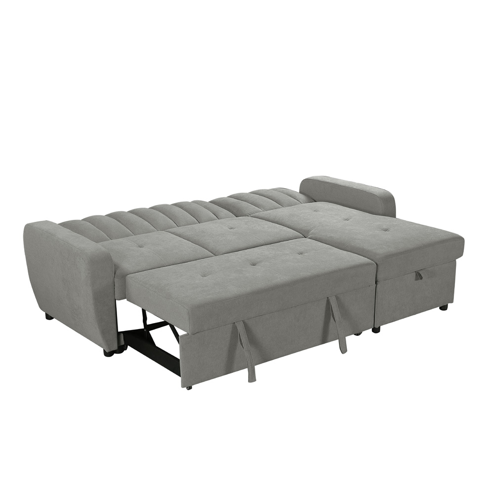 מערכת ישיבה פינתית מבד נפתחת למיטה זוגית עם ארגז מצעים דגם יונית-אפור