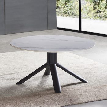 שולחן סלון קרמיקה עגול 90 ס”מ עם רגלי ברזל דגם זאוס-לבן