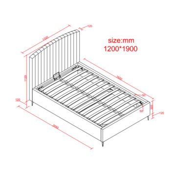 מיטה רחבה לנוער 120×190 מרופדת בד רחיץ עם ארגז מצעים מעץ דגם גילי-אפור