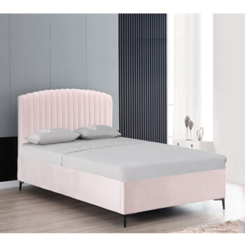 מיטה רחבה לנוער 120×190 מרופדת בד רחיץ עם ארגז מצעים מעץ דגם גילי-ורוד