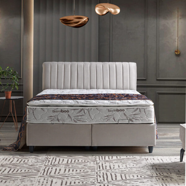 מיטה זוגית 140x190 מרופדת בד קטיפתי עם ארגז מצעים משולב מתכת דגם מרטין-אבן