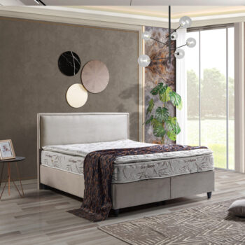 מיטה זוגית 140×190 מרופדת בד קטיפתי עם ארגז מצעים משולב מתכת דגם פאולה-אבן