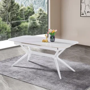 שולחן אוכל אבן קרמית באורך 1.8 מ' נפתח ל- 2.4 מ' עם רגלי ברזל דגם חץ 180-אבן