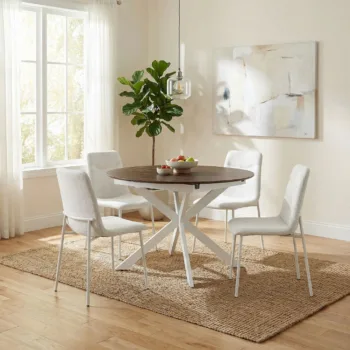 שולחן אוכל עגול נפתח כולל 4 כיסאות 1.2-2.0 מ' עם רגלי ברזל דגם טנריף- אגוז עם רגל אופוויט