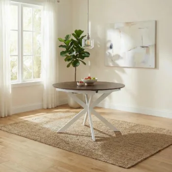 שולחן אוכל עגול נפתח כולל 4 כיסאות 1.2-2.0 מ' עם רגלי ברזל דגם טנריף- אגוז עם רגל אופוויט