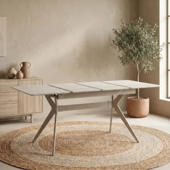 שולחן אוכל נפתח 1.6-2.6 מ' דגם סנטוריני- טרוונטין רגל ברזל בגוון מוקה