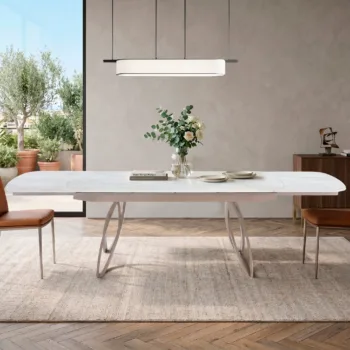 שולחן אוכל אבן קרמית באורך 1.8 מ' נפתח ל- 2.8 מ' עם רגלי ברזל דגם רוקט