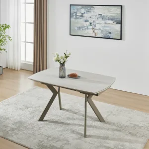 שולחן אוכל אבן קרמית 1.2 מ' נפתח ל- 1.7 מ' עם רגלי ברזל בגימור מוקה דגם פורטו